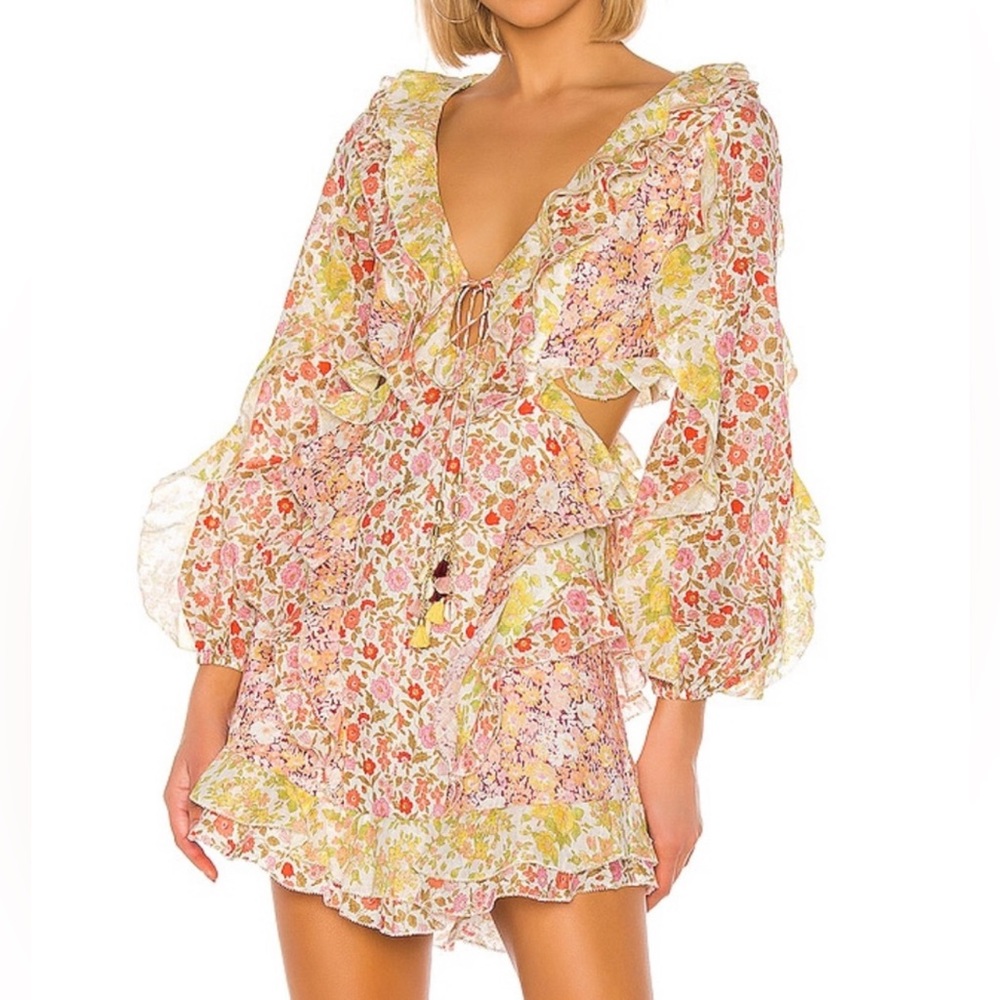 Zimmerman Goldie Ruffle Mini Dress floral cut out